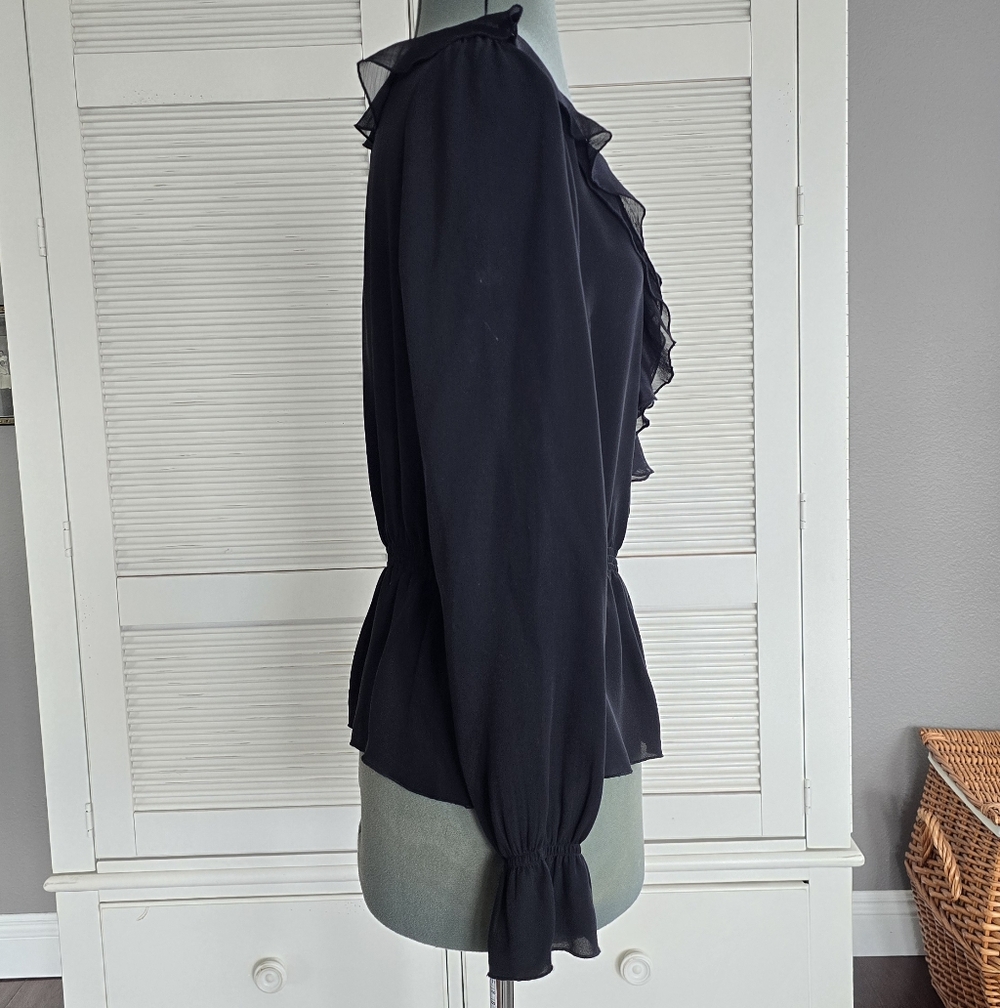 White House Black Market | Silk Black Ruffle Blouse - Picture 5 of 7